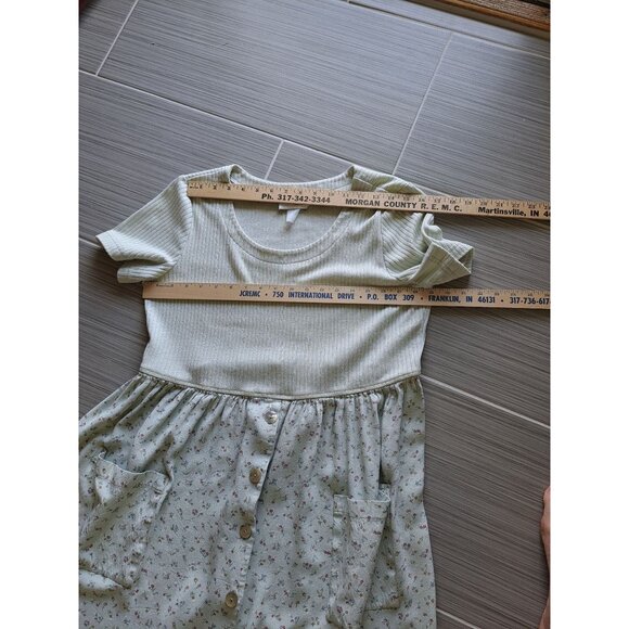 Vtg Casual Corner Green Ribbed Floral Button-Down Maxi Dress Short Sleeve Pocket - Picture 10 of 12